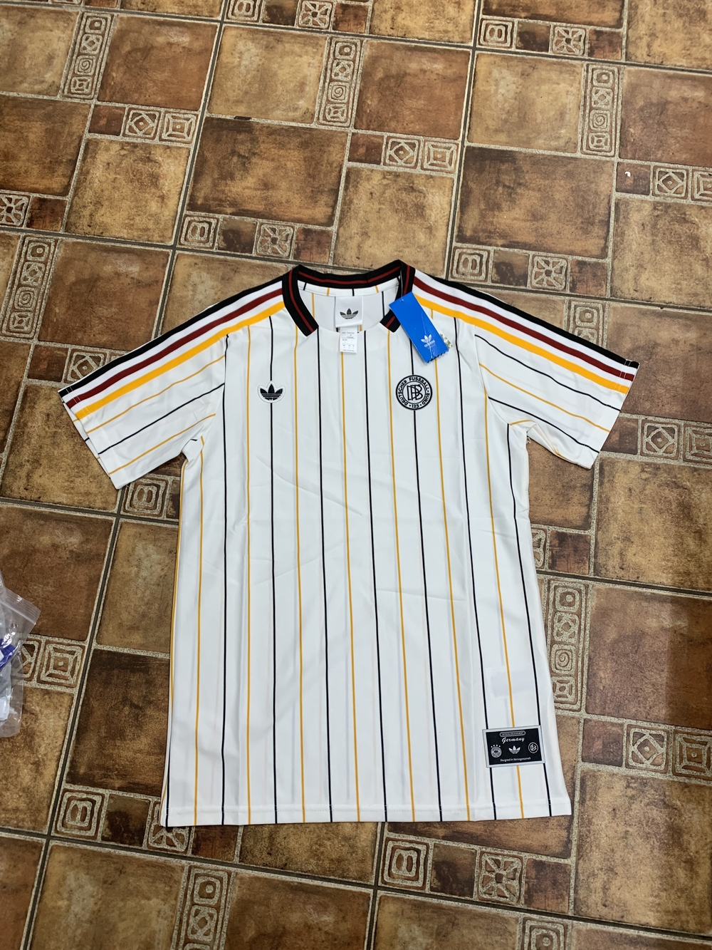 adidas Originals White Striped Soccer Jersey with Yellow & Black Accents